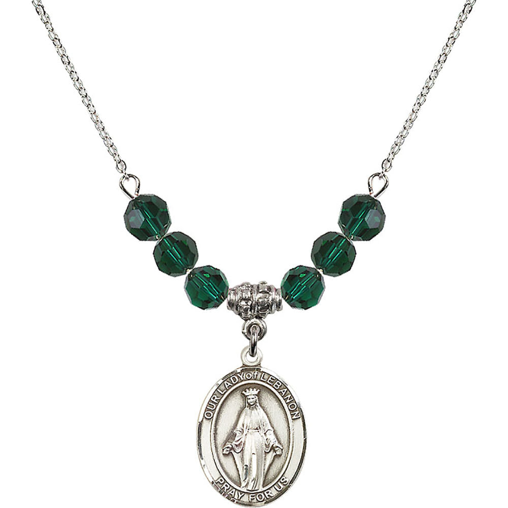 Sterling Silver Our Lady of Lebanon Birthstone Necklace with Emerald Beads - 8229
