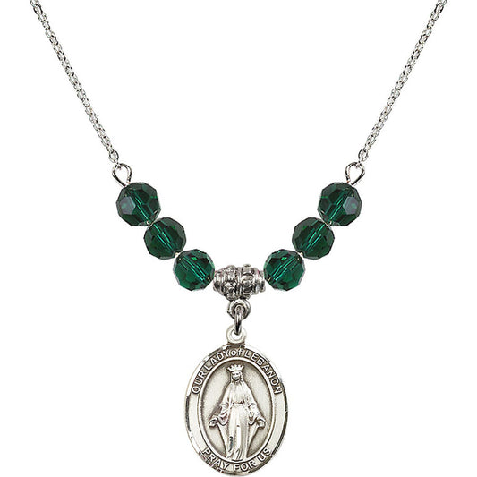 Sterling Silver Our Lady of Lebanon Birthstone Necklace with Emerald Beads - 8229