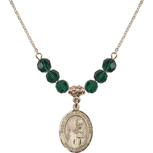14kt Gold Filled Saint John of the Cross Birthstone Necklace with Emerald Beads - 8231