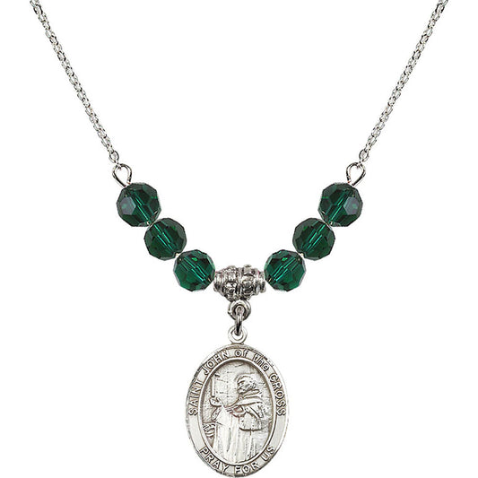 Sterling Silver Saint John of the Cross Birthstone Necklace with Emerald Beads - 8231