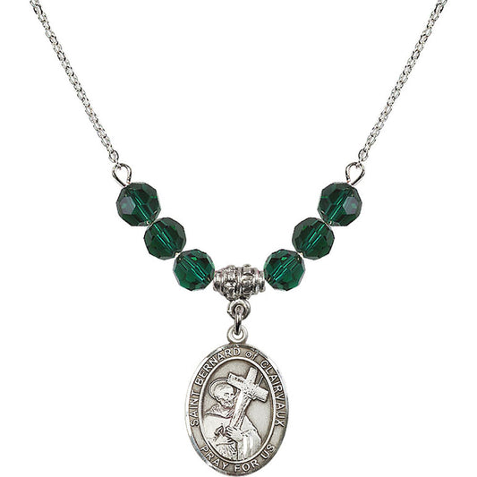 Sterling Silver Saint Bernard of Clairvaux Birthstone Necklace with Emerald Beads - 8233