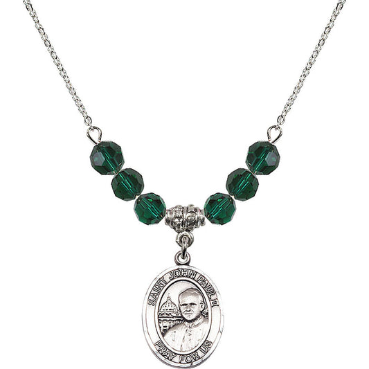 Sterling Silver Saint John Paul II Birthstone Necklace with Emerald Beads - 8234