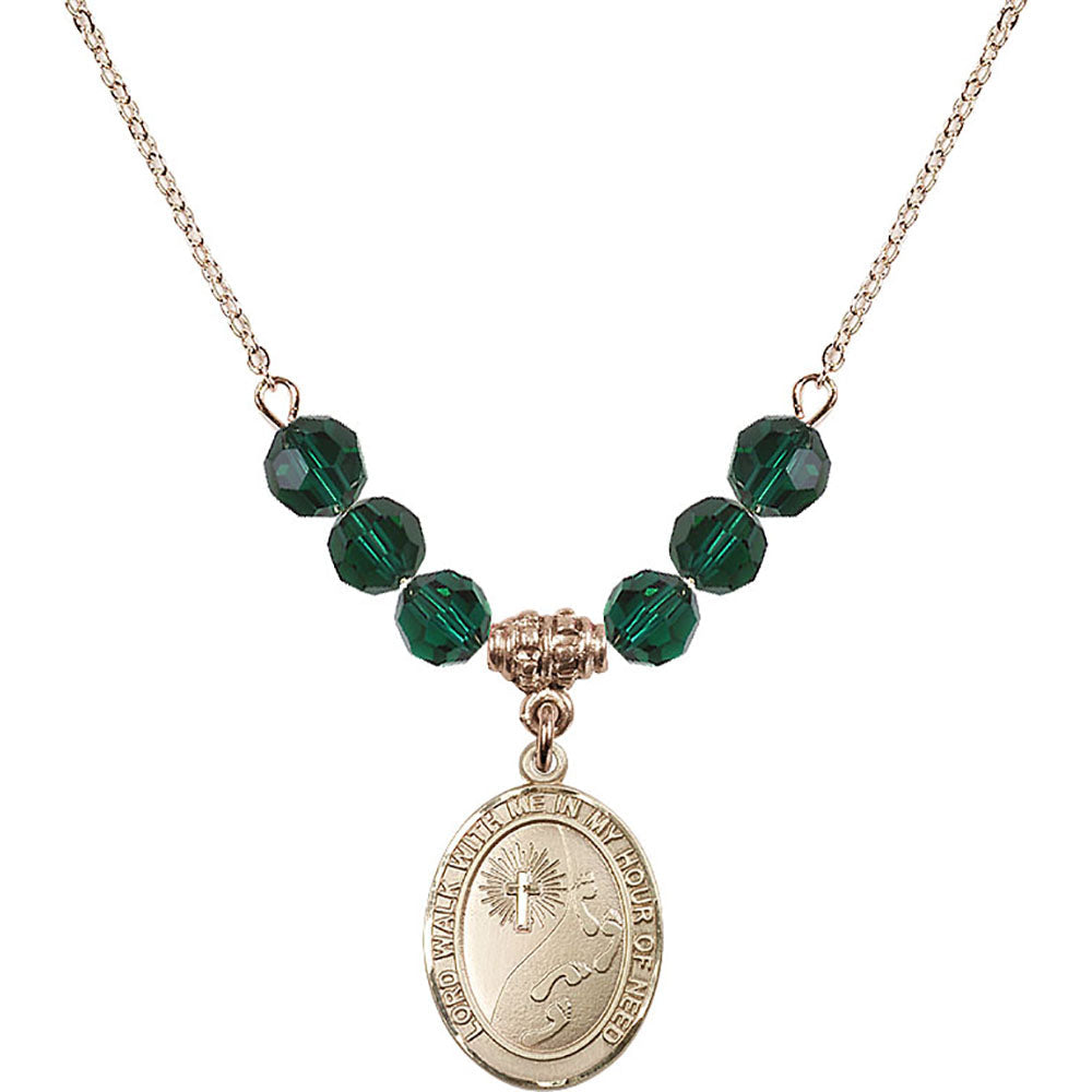14kt Gold Filled Footprints / Cross Birthstone Necklace with Emerald Beads - 8237