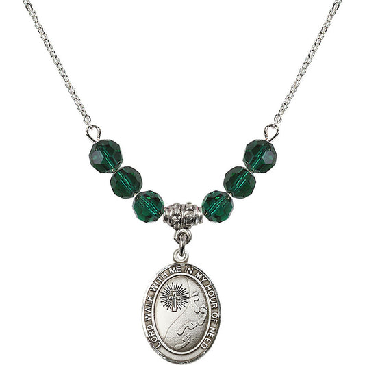 Sterling Silver Footprints / Cross Birthstone Necklace with Emerald Beads - 8237