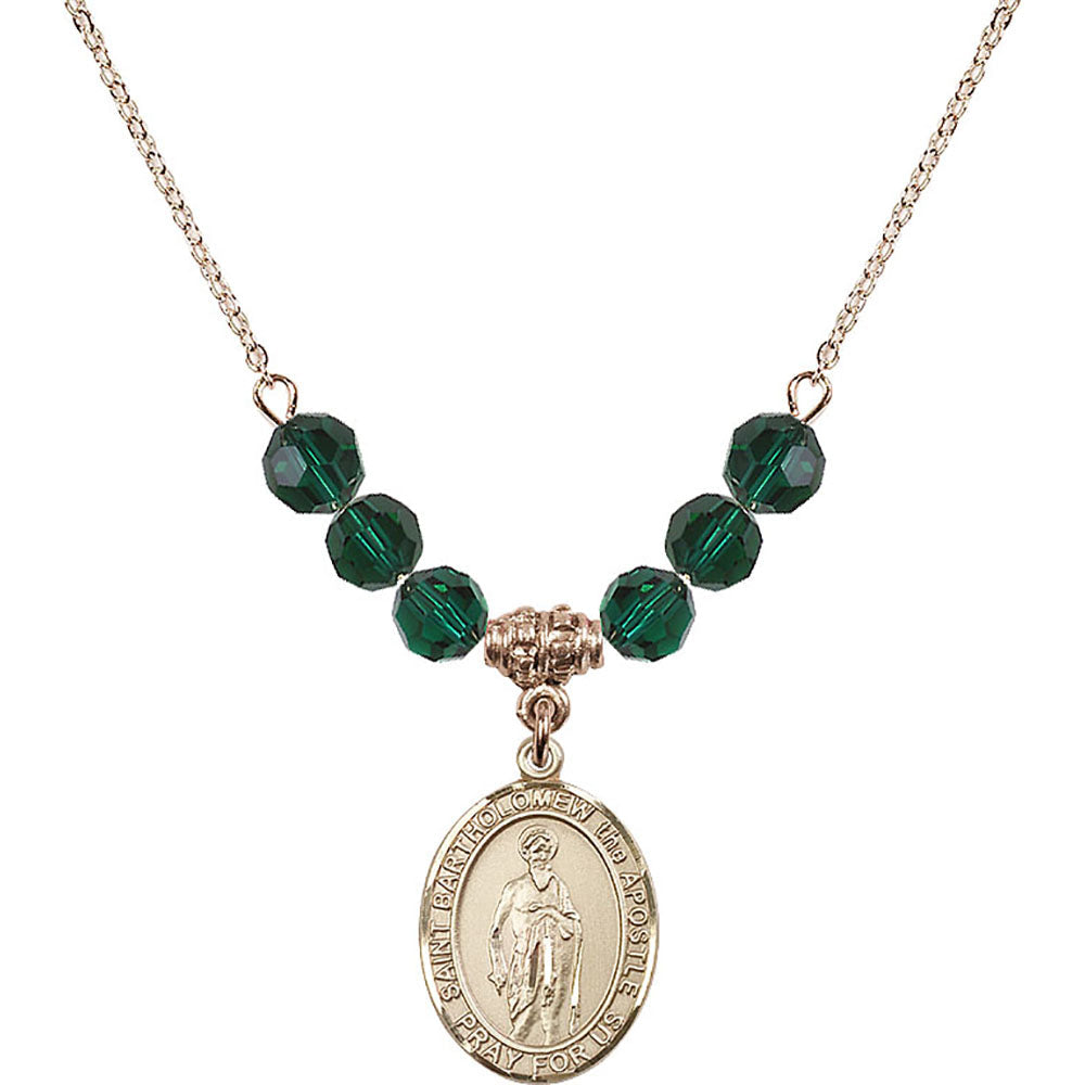 14kt Gold Filled Saint Bartholomew the Apostle Birthstone Necklace with Emerald Beads - 8238