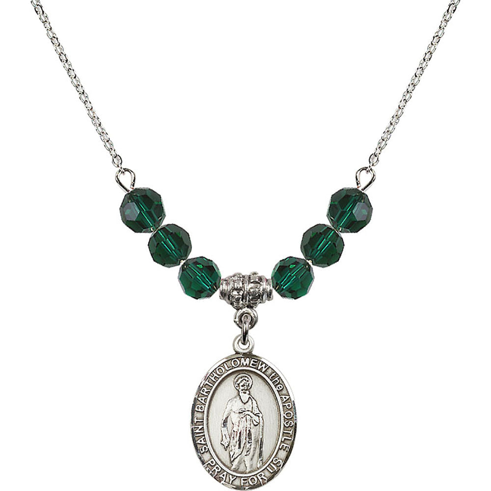 Sterling Silver Saint Bartholomew the Apostle Birthstone Necklace with Emerald Beads - 8238