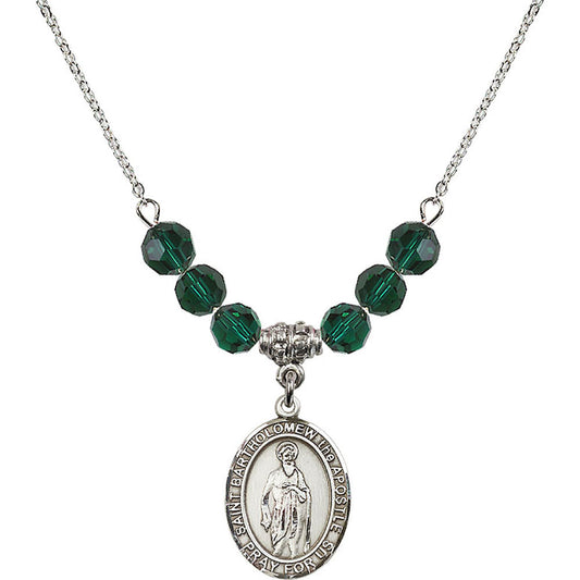 Sterling Silver Saint Bartholomew the Apostle Birthstone Necklace with Emerald Beads - 8238