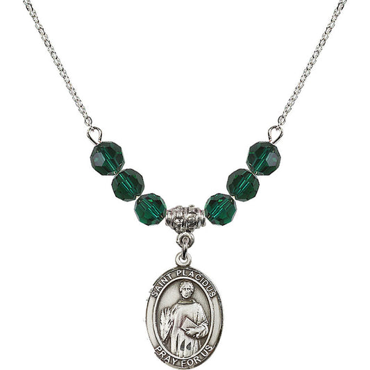 Sterling Silver Saint Placidus Birthstone Necklace with Emerald Beads - 8240
