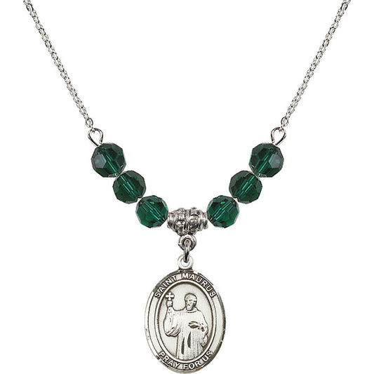 Sterling Silver Saint Maurus Birthstone Necklace with Emerald Beads - 8241
