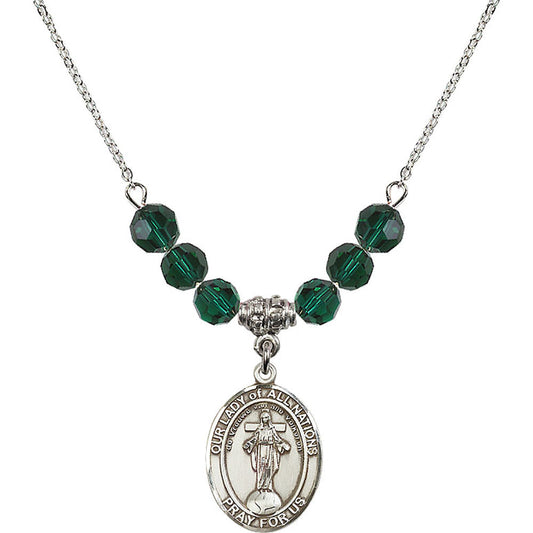 Sterling Silver Our Lady of All Nations Birthstone Necklace with Emerald Beads - 8242