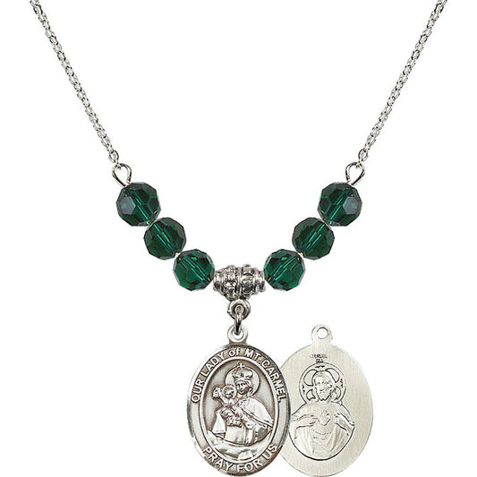 Sterling Silver Our Lady of Mount Carmel Birthstone Necklace with Emerald Beads - 8243