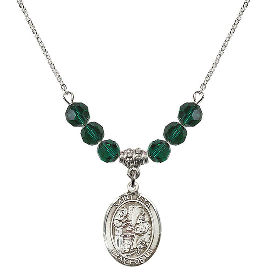 Sterling Silver Saint Zita Birthstone Necklace with Emerald Beads - 8244