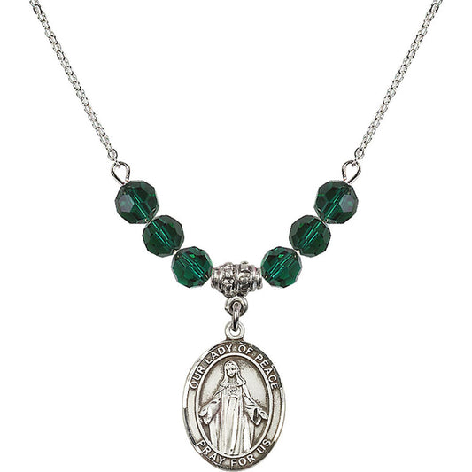 Sterling Silver Our Lady of Peace Birthstone Necklace with Emerald Beads - 8245
