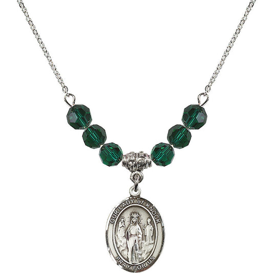 Sterling Silver Our Lady of Knock Birthstone Necklace with Emerald Beads - 8246