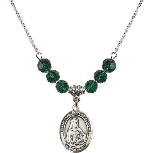 Sterling Silver Our Lady of the Railroad Birthstone Necklace with Emerald Beads - 8247