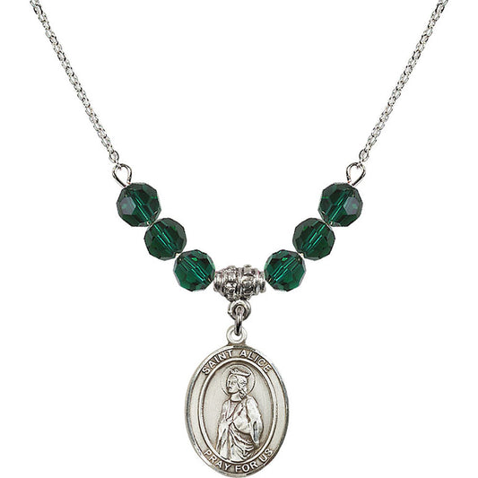 Sterling Silver Saint Alice Birthstone Necklace with Emerald Beads - 8248