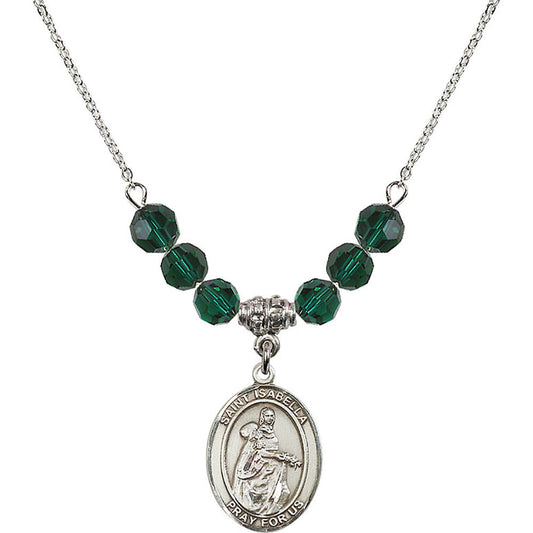 Sterling Silver Saint Isabella of Portugal Birthstone Necklace with Emerald Beads - 8250