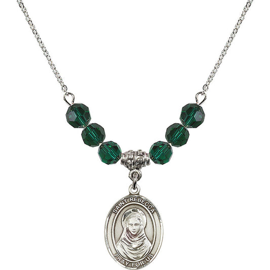 Sterling Silver Saint Rebecca Birthstone Necklace with Emerald Beads - 8252