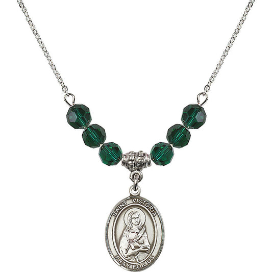 Sterling Silver Saint Victoria Birthstone Necklace with Emerald Beads - 8253