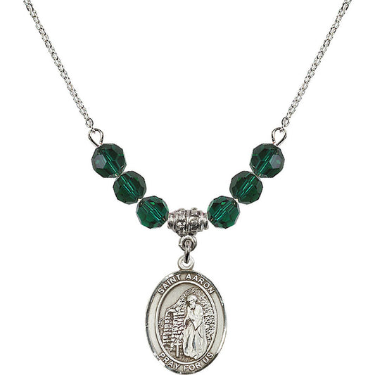 Sterling Silver Saint Aaron Birthstone Necklace with Emerald Beads - 8254