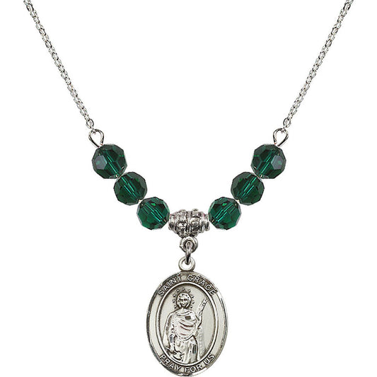 Sterling Silver Saint Grace Birthstone Necklace with Emerald Beads - 8255