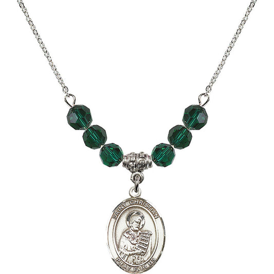 Sterling Silver Saint Christian Demosthenes Birthstone Necklace with Emerald Beads - 8257