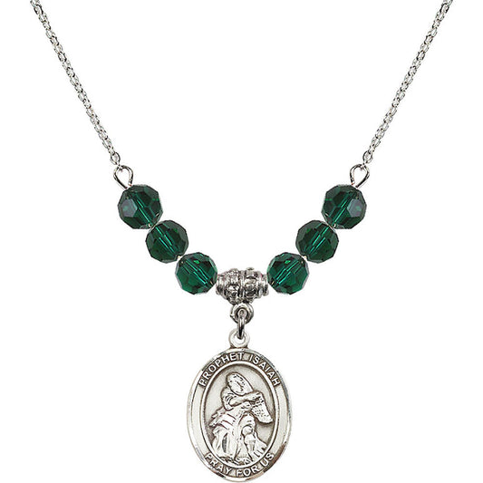 Sterling Silver Saint Isaiah Birthstone Necklace with Emerald Beads - 8258