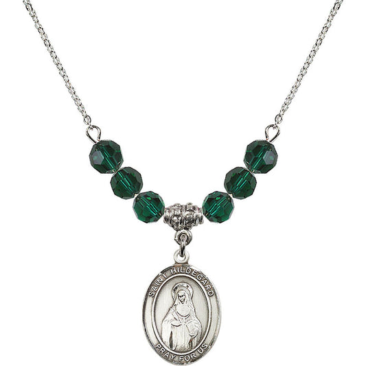 Sterling Silver Saint Hildegard von Bingen Birthstone Necklace with Emerald Beads - 8260