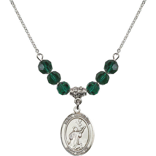 Sterling Silver Saint Tarcisius Birthstone Necklace with Emerald Beads - 8261