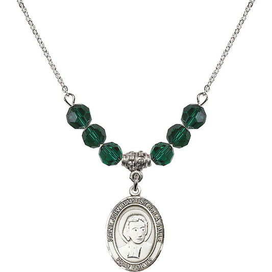 Sterling Silver Saint John Baptist de la Salle Birthstone Necklace with Emerald Beads - 8262