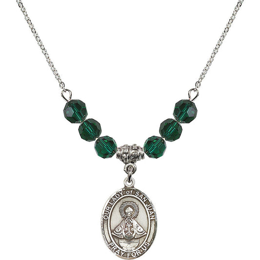 Sterling Silver Our Lady of San Juan Birthstone Necklace with Emerald Beads - 8263
