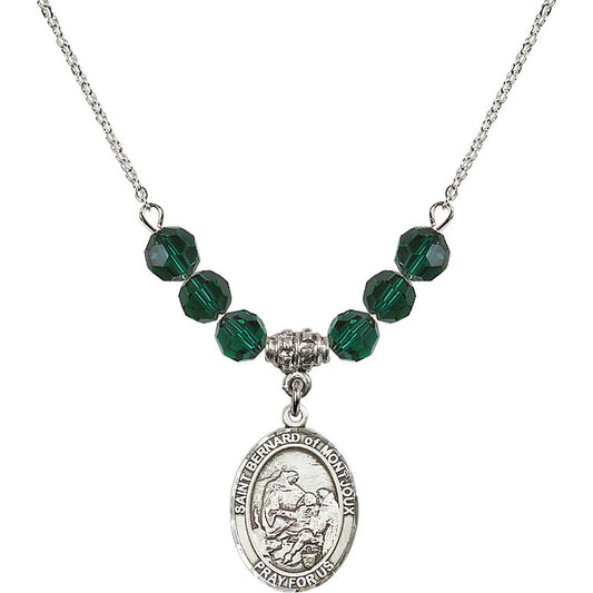 Sterling Silver Saint Bernard of Montjoux Birthstone Necklace with Emerald Beads - 8264