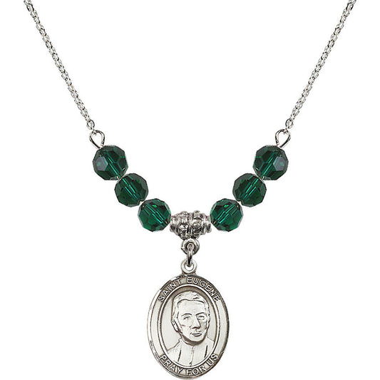 Sterling Silver Saint Eugene de Mazenod Birthstone Necklace with Emerald Beads - 8266