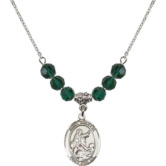 Sterling Silver Saint Colette Birthstone Necklace with Emerald Beads - 8268