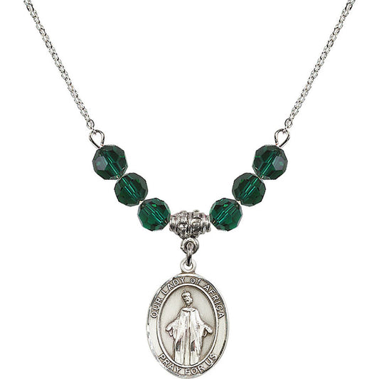 Sterling Silver Our Lady of Africa Birthstone Necklace with Emerald Beads - 8269