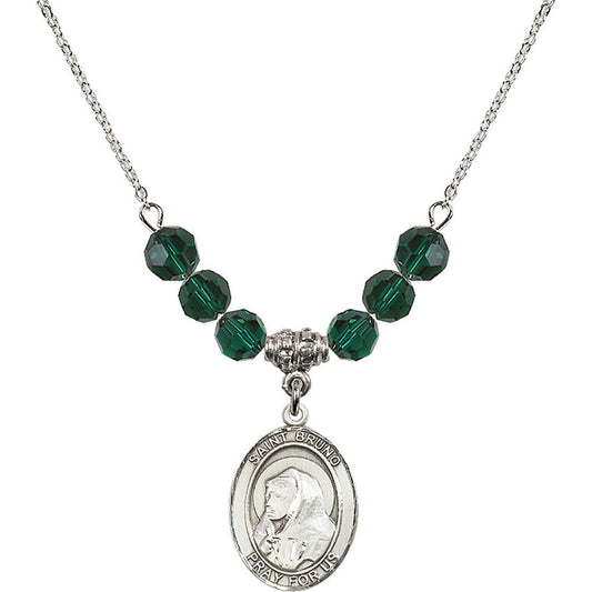 Sterling Silver Saint Bruno Birthstone Necklace with Emerald Beads - 8270