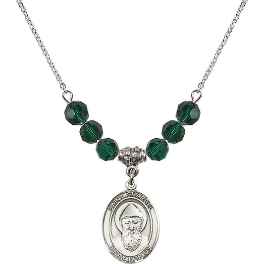Sterling Silver Saint Sharbel Birthstone Necklace with Emerald Beads - 8271