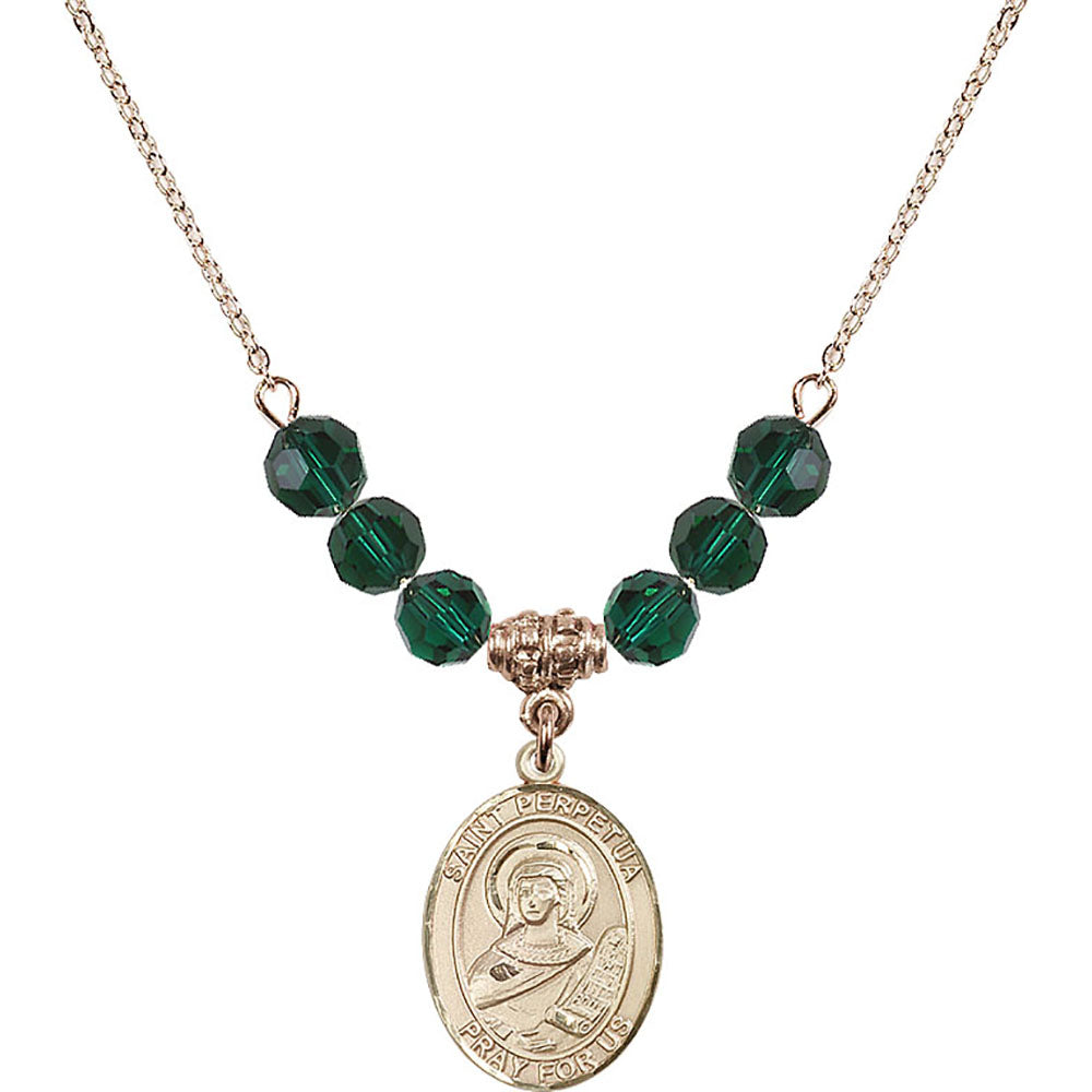 14kt Gold Filled Saint Perpetua Birthstone Necklace with Emerald Beads - 8272