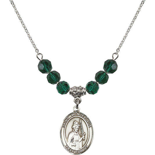Sterling Silver Saint Wenceslaus Birthstone Necklace with Emerald Beads - 8273