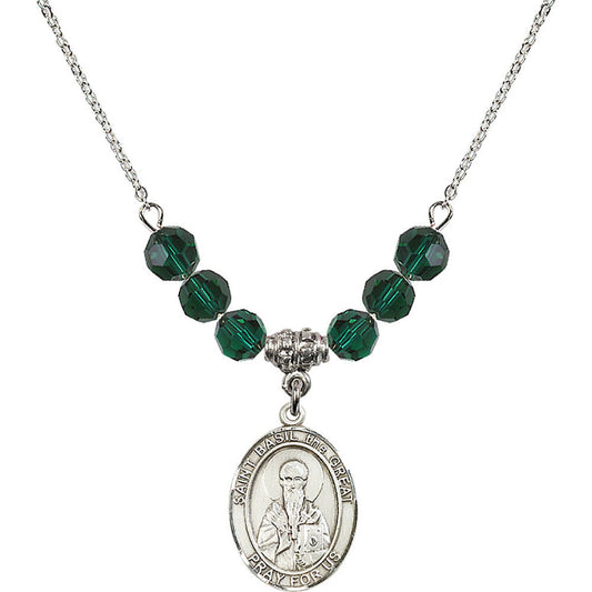 Sterling Silver Saint Basil the Great Birthstone Necklace with Emerald Beads - 8275