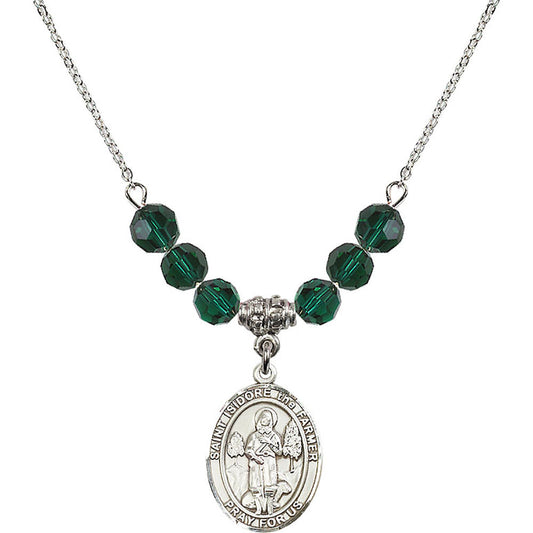 Sterling Silver Saint Isidore the Farmer Birthstone Necklace with Emerald Beads - 8276