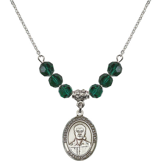 Sterling Silver Blessed Pier Giorgio Frassati Birthstone Necklace with Emerald Beads - 8278