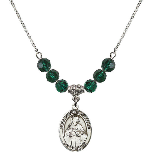Sterling Silver Saint Gabriel Possenti Birthstone Necklace with Emerald Beads - 8279