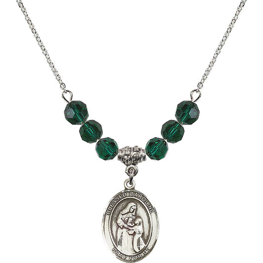 Sterling Silver Blessed Caroline Gerhardinger Birthstone Necklace with Emerald Beads - 8281