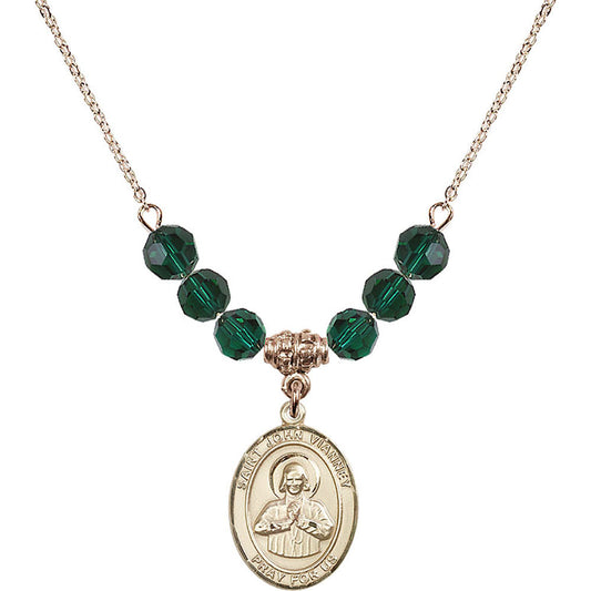 14kt Gold Filled Saint John Vianney Birthstone Necklace with Emerald Beads - 8282