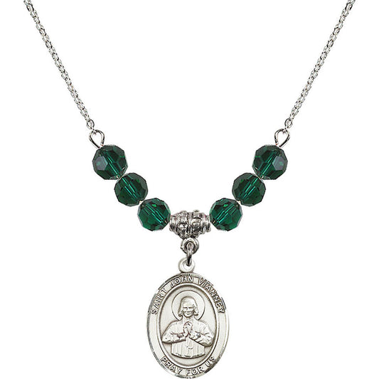 Sterling Silver Saint John Vianney Birthstone Necklace with Emerald Beads - 8282
