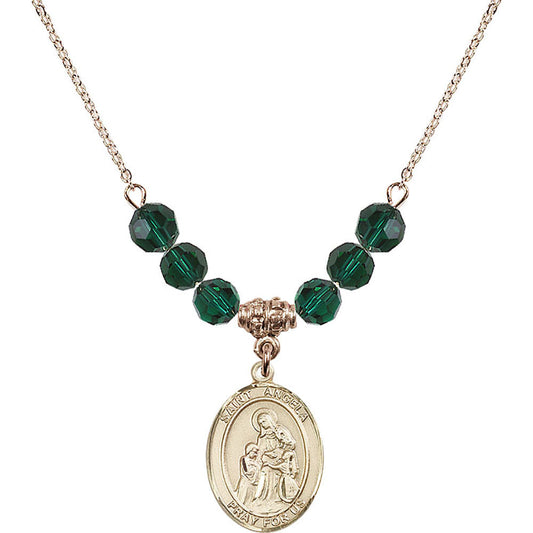 14kt Gold Filled Saint Angela Merici Birthstone Necklace with Emerald Beads - 8284