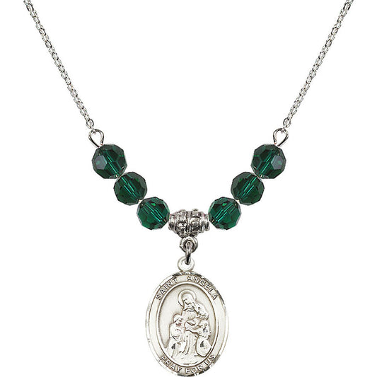 Sterling Silver Saint Angela Merici Birthstone Necklace with Emerald Beads - 8284