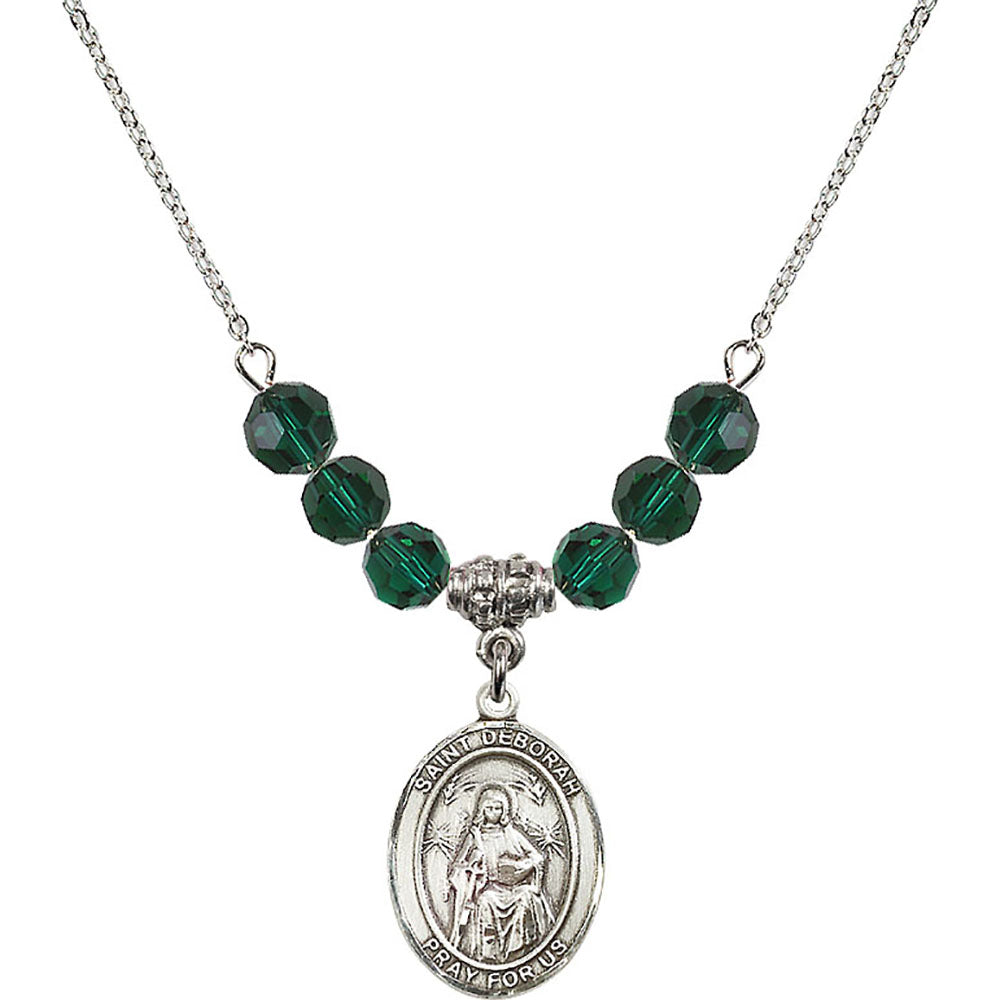 Sterling Silver Saint Deborah Birthstone Necklace with Emerald Beads - 8286