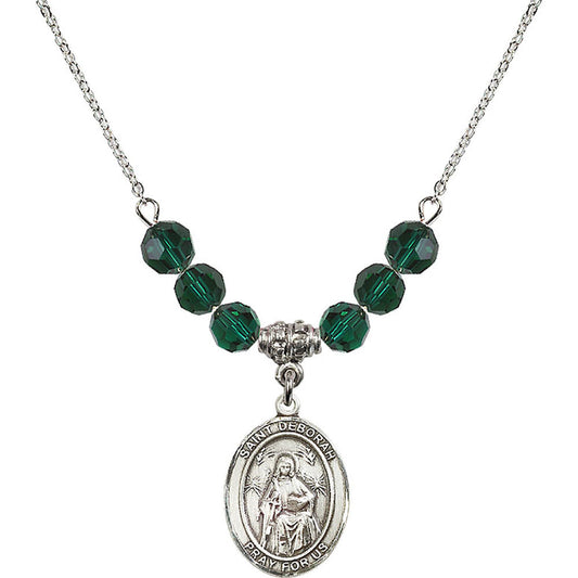 Sterling Silver Saint Deborah Birthstone Necklace with Emerald Beads - 8286